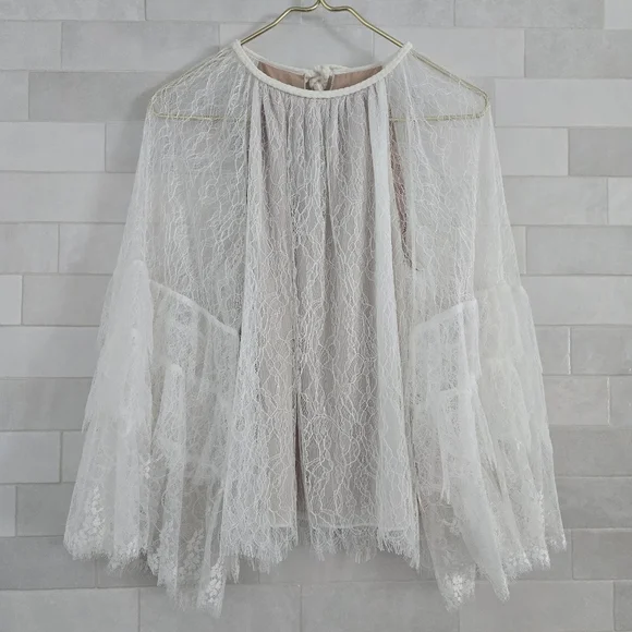 Alice + Olivia Delia Ruffled Lace Tunic Top Blouse White Sheer Mesh Bell Sleeve - Picture 2 of 10